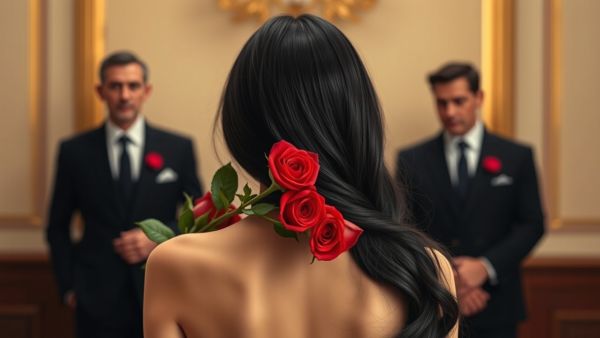 Escort di lusso che riceve un mazzo di rose da due gentlemen